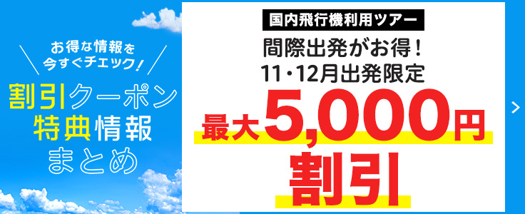 間際がお得！11・12月出発おひとり様最大5,000円割引クーポン 詳しくはこちら