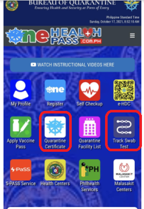 One Health Passの二段目に、「Track Swab Test」の入口がある。また、隔離証明書取得のための「Quarantine Certificate」も、同じく二段目にある。