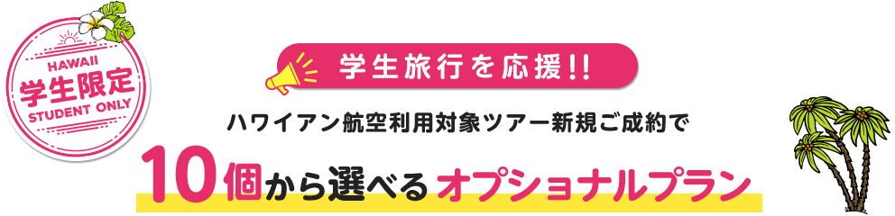 学生旅行を応援！学生限定！ハワイアン航空利用対象ツアー新規ご成約で10個から選べるオプショナルプラン