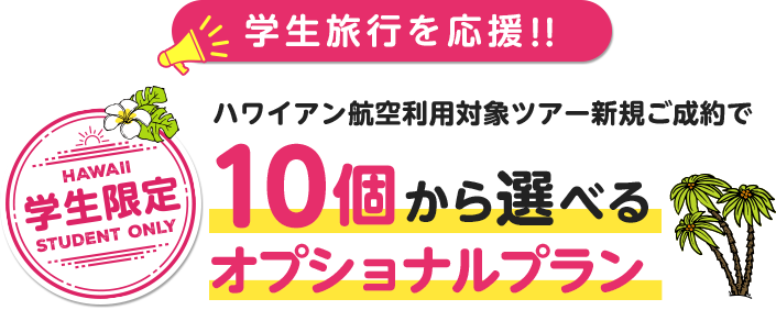 学生旅行を応援！学生限定！ハワイアン航空利用対象ツアー新規ご成約で10個から選べるオプショナルプラン