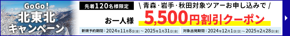 先着120名様限定！青森・岩手・秋田の対象ツアーお申し込みでお1人様5,500円割引クーポン