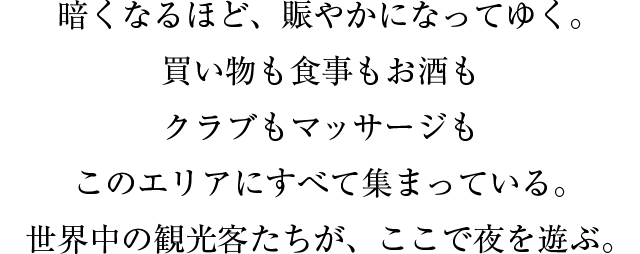 暗くなるほど、賑やかになってゆく。買い物も食事もお酒もクラブもマッサージもこのエリアにすべて集まっている。世界中の観光客たちが、ここで夜を遊ぶ。