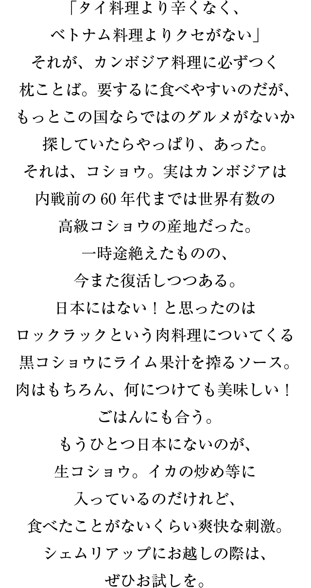 「タイ料理より辛くなく、ベトナム料理よりクセがない」それが、カンボジア料理に必ずつく枕ことば。要するに食べやすいのだが、もっとこの国ならではのグルメがないか探していたらやっぱり、あった。それは、コショウ。実はカンボジアは内戦前の６０年代までは世界有数の高級コショウの産地だった。一時途絶えたものの、今また復活しつつある。日本にはない！と思ったのはロックラックという肉料理についてくる黒コショウにライム果汁を搾るソース。肉はもちろん、何につけても美味しい！ごはんにも合う。もうひとつ日本にないのが、生コショウ。イカの炒め等に入っているのだけれど、食べたことがないくらい爽快な刺激。シェムリアップにお越しの際は、ぜひお試しを。